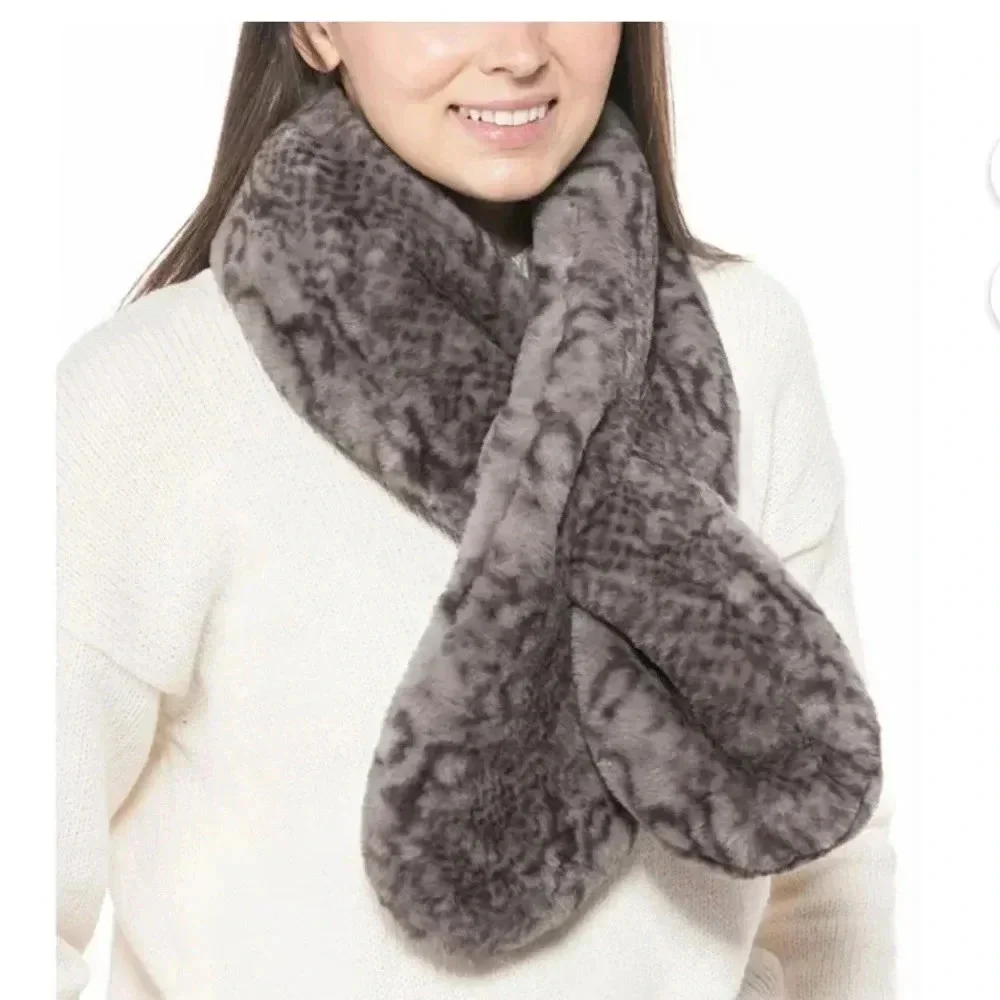I.N.C Pull-Through Faux -Fur Scarf Snake Print Gray And Black Cozy